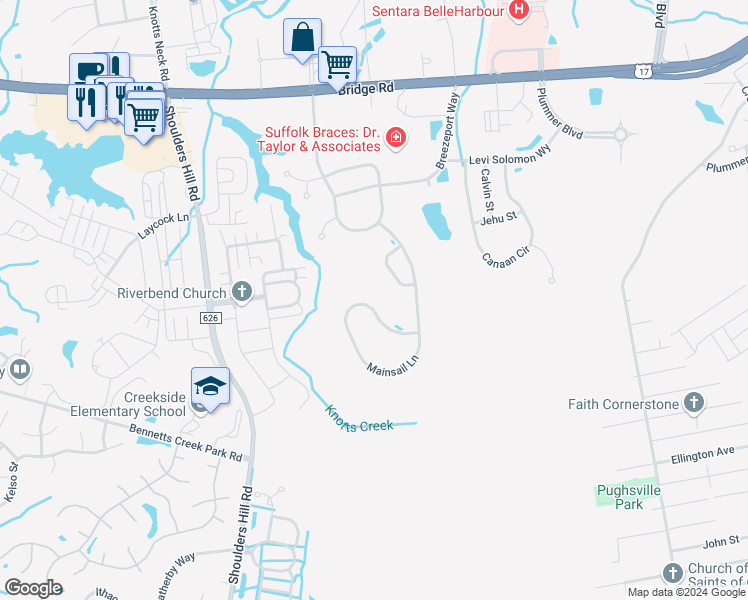 map of restaurants, bars, coffee shops, grocery stores, and more near 6071 Mainsail Lane in Suffolk