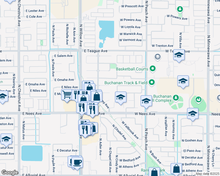 map of restaurants, bars, coffee shops, grocery stores, and more near 618 West Enterprise Avenue in Clovis