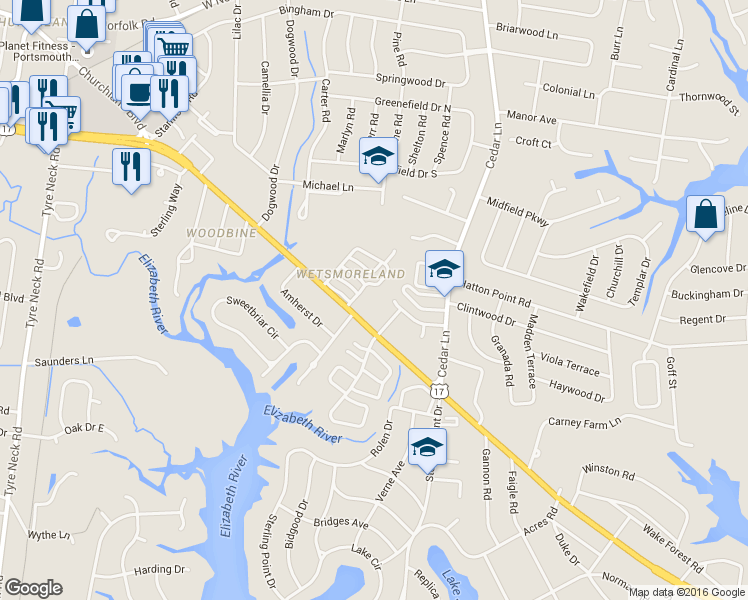 map of restaurants, bars, coffee shops, grocery stores, and more near 3229 Clover Hill Drive in Portsmouth