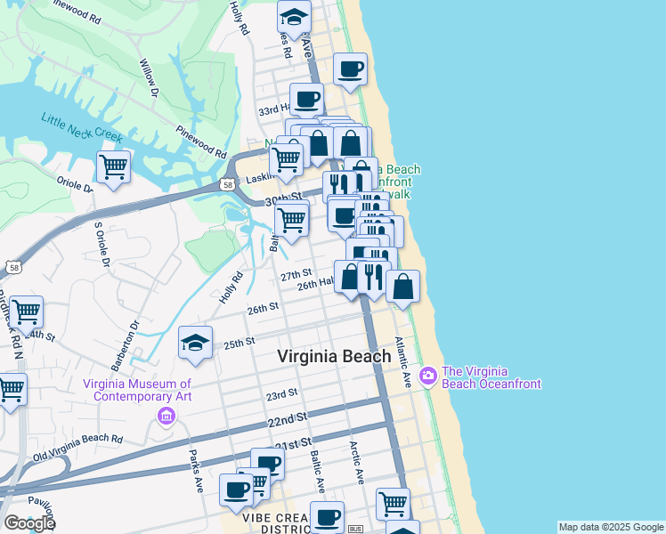 map of restaurants, bars, coffee shops, grocery stores, and more near 2700 Reef Court in Virginia Beach