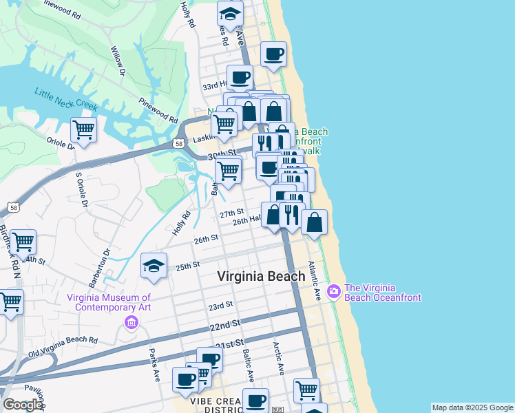 map of restaurants, bars, coffee shops, grocery stores, and more near 2712 Reef Court in Virginia Beach