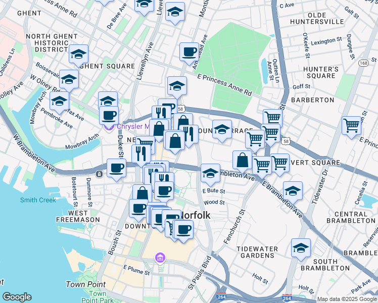 map of restaurants, bars, coffee shops, grocery stores, and more near 729 Monticello Avenue in Norfolk