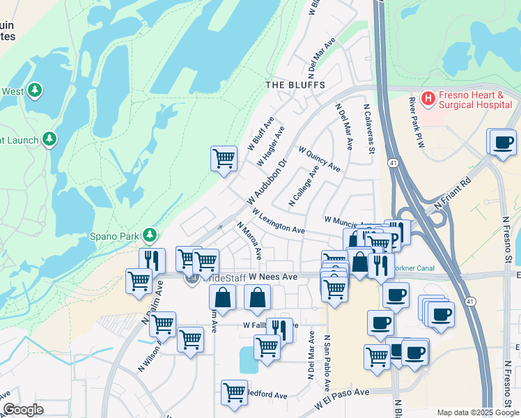 map of restaurants, bars, coffee shops, grocery stores, and more near 374 West Lexington Avenue in Fresno