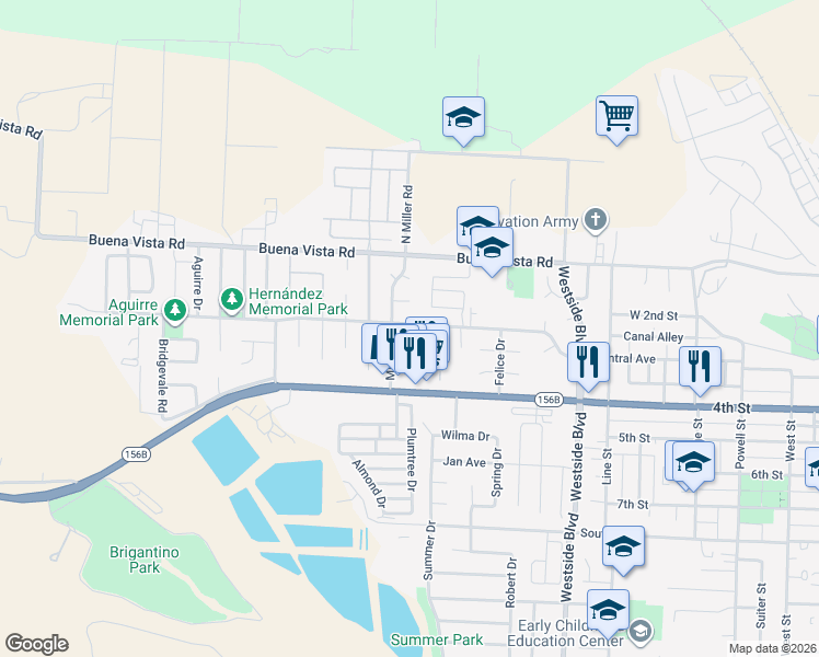 map of restaurants, bars, coffee shops, grocery stores, and more near 200 Lassen Court in Hollister