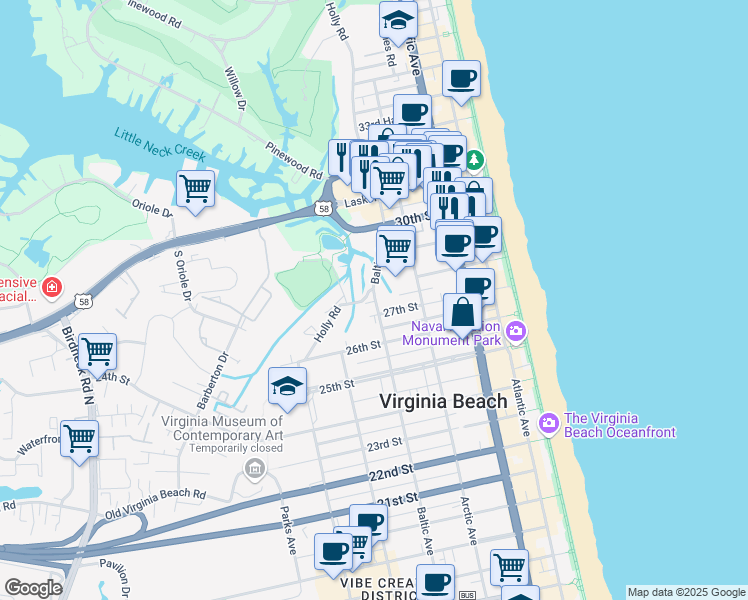 map of restaurants, bars, coffee shops, grocery stores, and more near 2702 Baltic Avenue in Virginia Beach