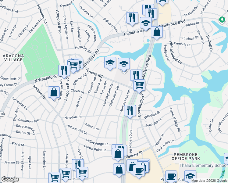 map of restaurants, bars, coffee shops, grocery stores, and more near 652 Cunningham Road in Virginia Beach