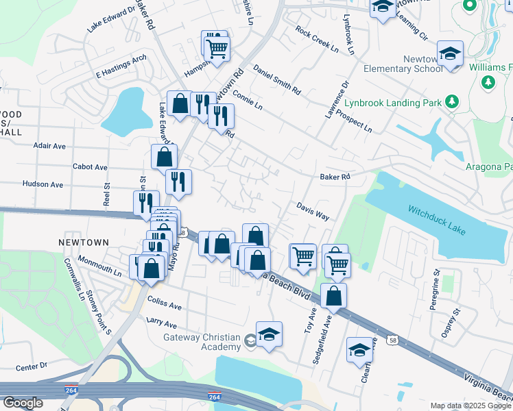 map of restaurants, bars, coffee shops, grocery stores, and more near 5516 Seawall Court in Virginia Beach