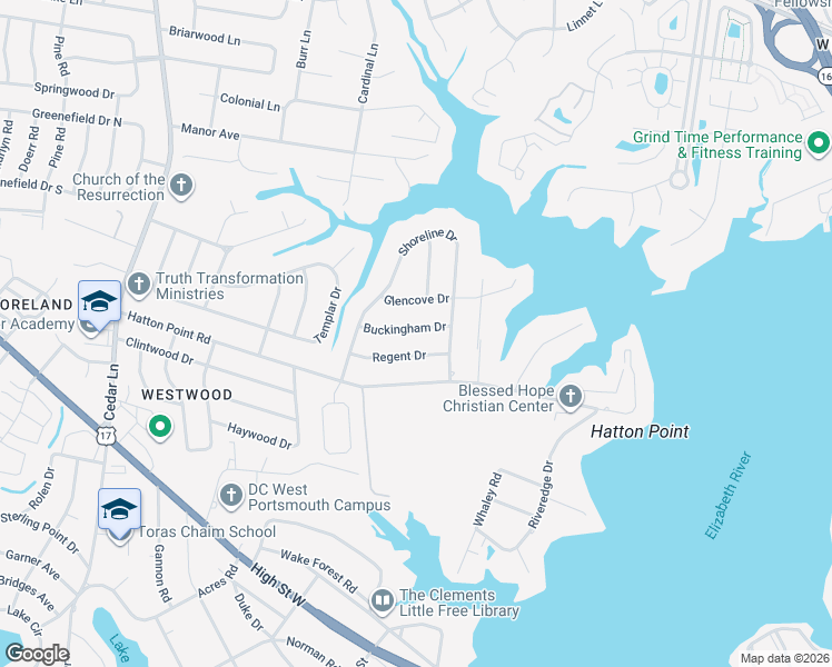 map of restaurants, bars, coffee shops, grocery stores, and more near 4505 Buckingham Drive in Portsmouth