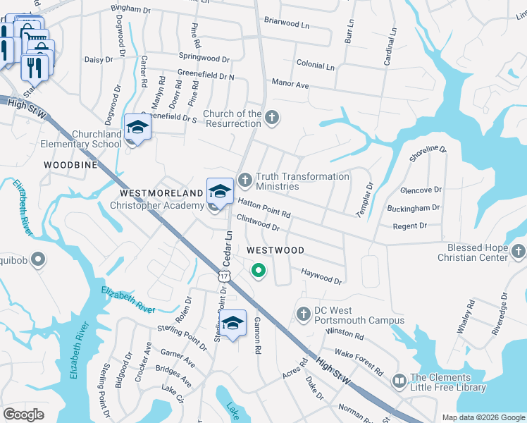 map of restaurants, bars, coffee shops, grocery stores, and more near 4904 Clintwood Drive in Portsmouth