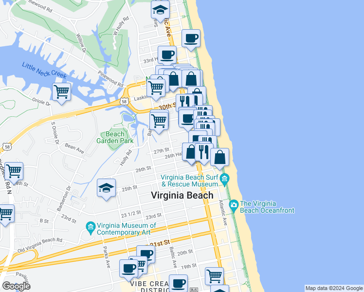 map of restaurants, bars, coffee shops, grocery stores, and more near 2705 Reef Court in Virginia Beach