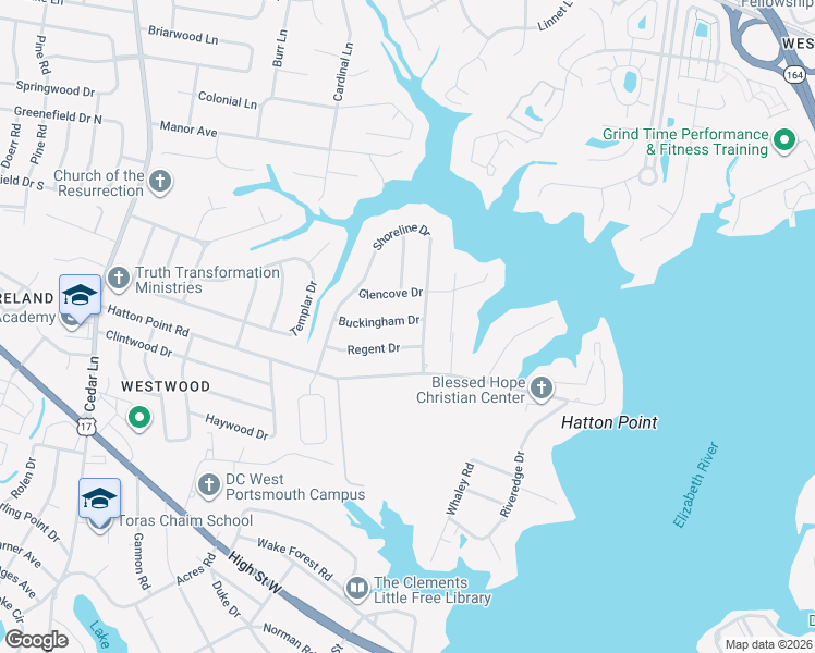 map of restaurants, bars, coffee shops, grocery stores, and more near 4505 Buckingham Drive in Portsmouth