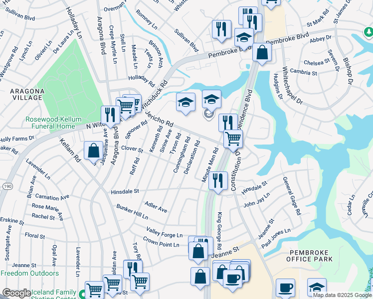 map of restaurants, bars, coffee shops, grocery stores, and more near 652 Cunningham Road in Virginia Beach