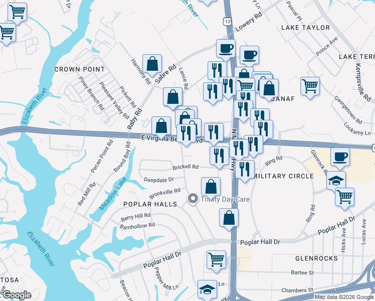 map of restaurants, bars, coffee shops, grocery stores, and more near 930 Briar Hill Road in Norfolk