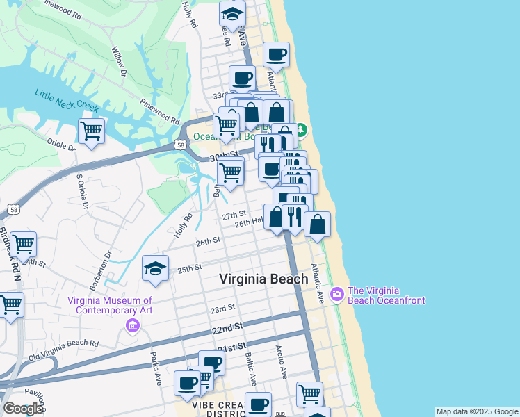 map of restaurants, bars, coffee shops, grocery stores, and more near 2720 Reef Court in Virginia Beach