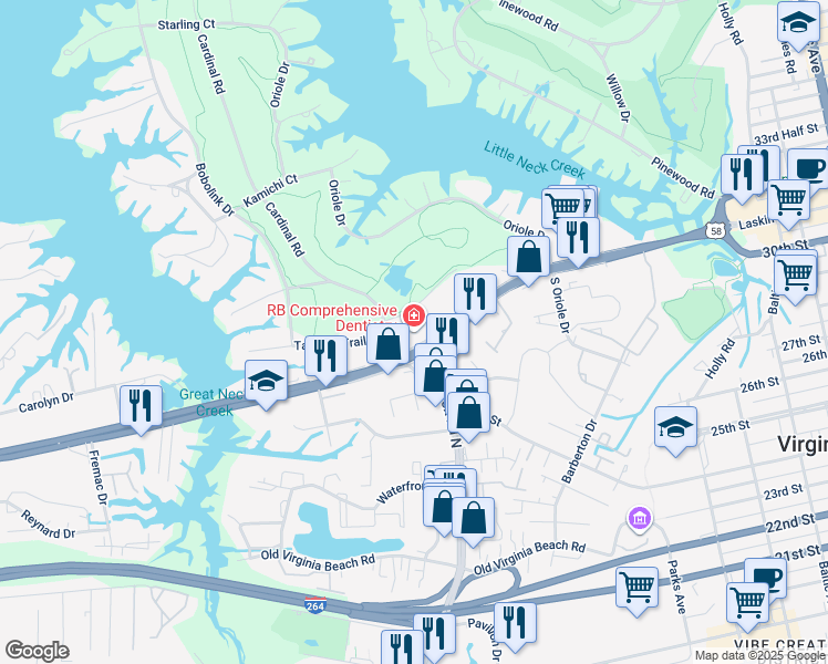 map of restaurants, bars, coffee shops, grocery stores, and more near 1112 Laskin Road in Virginia Beach