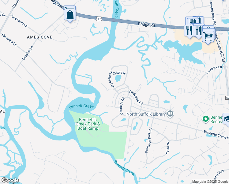 map of restaurants, bars, coffee shops, grocery stores, and more near 3311 Forsythia Court in Suffolk