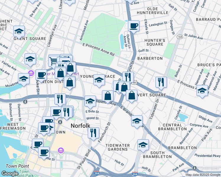 map of restaurants, bars, coffee shops, grocery stores, and more near 545 East Olney Road in Norfolk