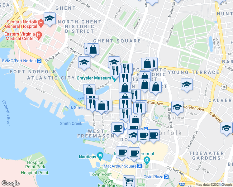 map of restaurants, bars, coffee shops, grocery stores, and more near 245 Grace Street in Norfolk