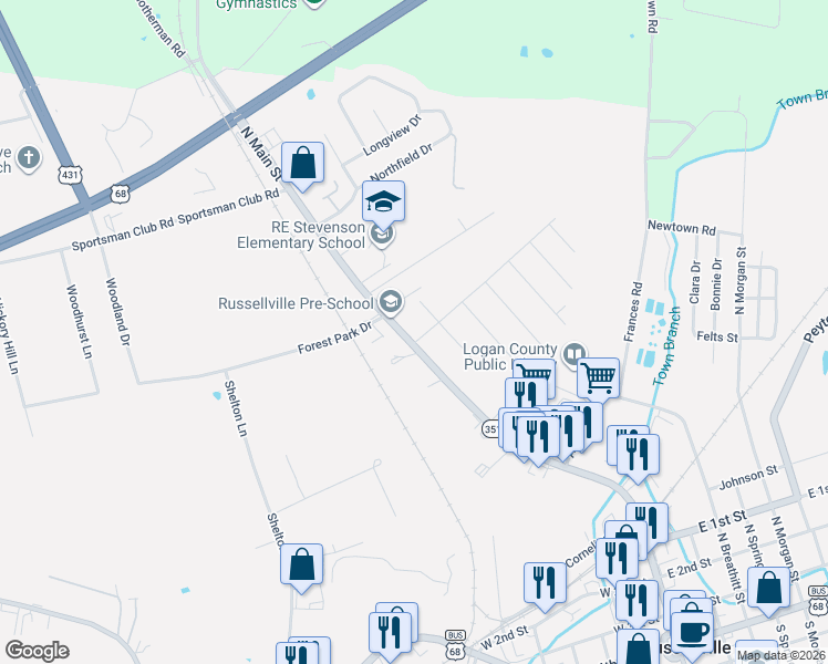 map of restaurants, bars, coffee shops, grocery stores, and more near 800 North Main Street in Russellville