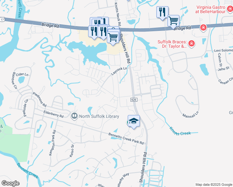 map of restaurants, bars, coffee shops, grocery stores, and more near 6078 Newington Pl in Suffolk