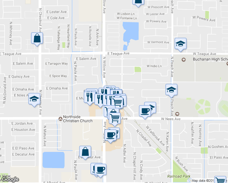 map of restaurants, bars, coffee shops, grocery stores, and more near 738 West Enterprise Avenue in Clovis