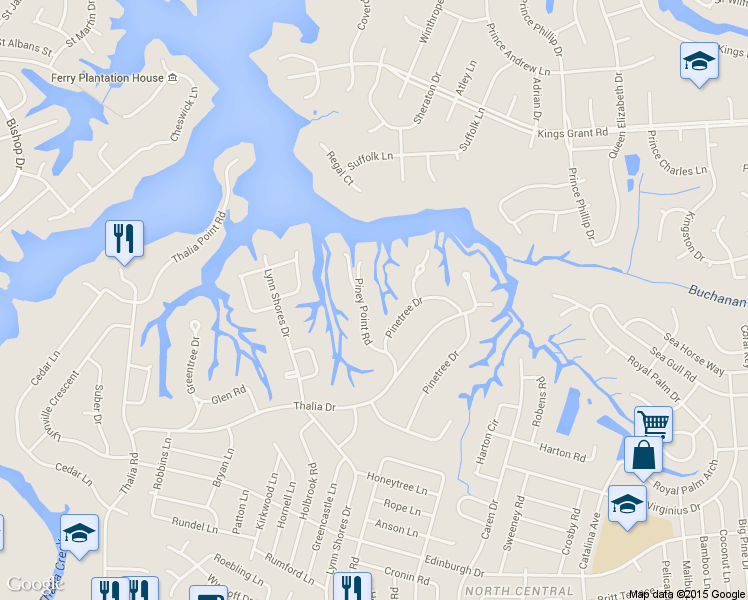 map of restaurants, bars, coffee shops, grocery stores, and more near 628 Piney Point Rd in Virginia Beach