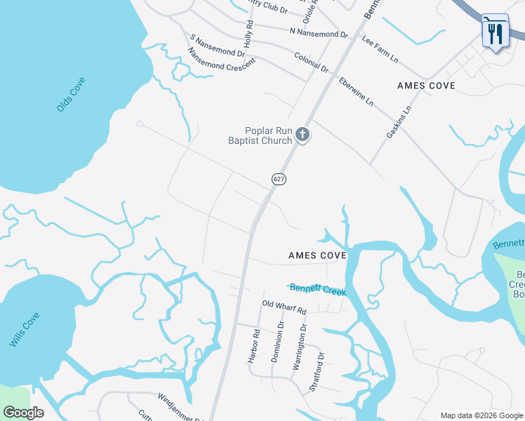 map of restaurants, bars, coffee shops, grocery stores, and more near 5288 Bennetts Pasture Road in Suffolk