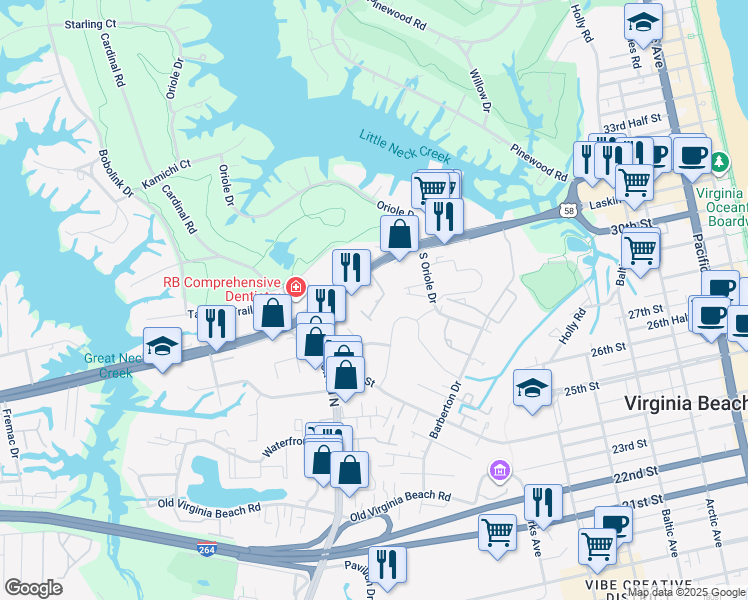 map of restaurants, bars, coffee shops, grocery stores, and more near 1012 Coquina Chase in Virginia Beach