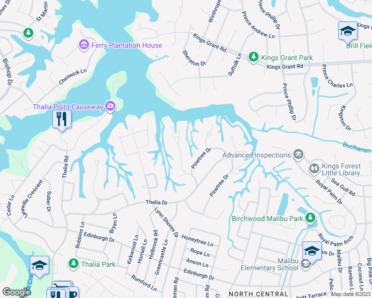 map of restaurants, bars, coffee shops, grocery stores, and more near 628 Piney Point Rd in Virginia Beach