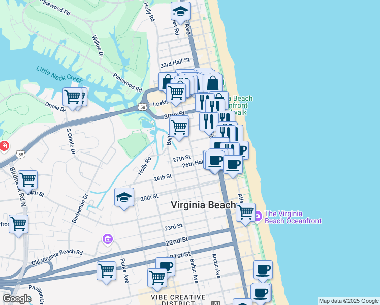 map of restaurants, bars, coffee shops, grocery stores, and more near 409 27th Street in Virginia Beach