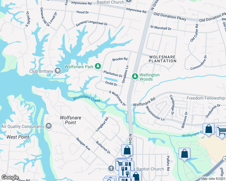map of restaurants, bars, coffee shops, grocery stores, and more near 2336 South Wolfsnare Drive in Virginia Beach