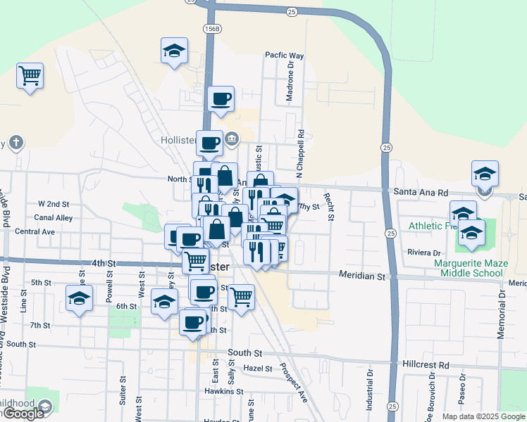 map of restaurants, bars, coffee shops, grocery stores, and more near in Hollister