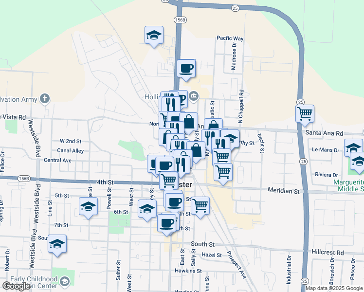 map of restaurants, bars, coffee shops, grocery stores, and more near East Street in Hollister