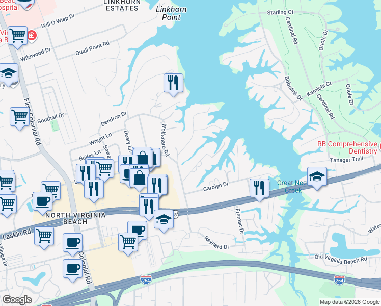 map of restaurants, bars, coffee shops, grocery stores, and more near 880 Winwood Drive in Virginia Beach