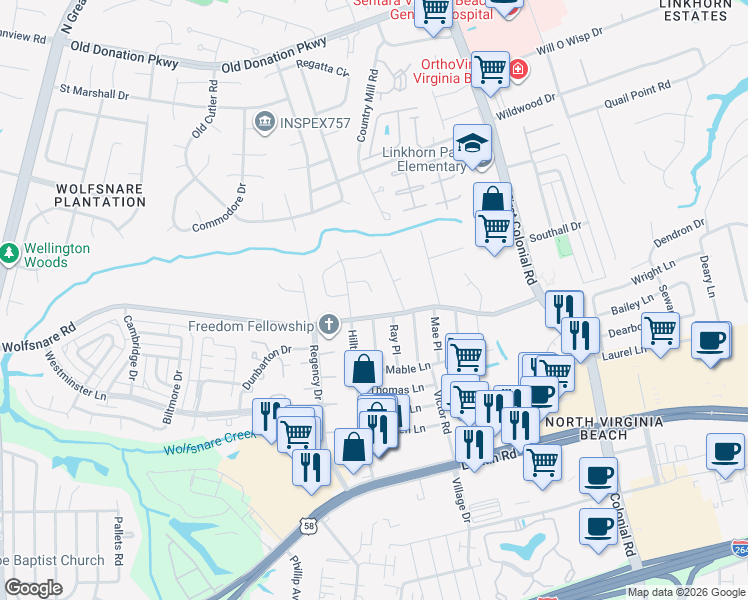 map of restaurants, bars, coffee shops, grocery stores, and more near 1852 Piankatank Lane in Virginia Beach