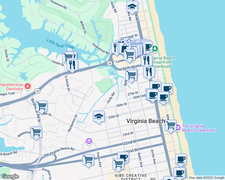 map of restaurants, bars, coffee shops, grocery stores, and more near 2828 Wiigwaas Lane in Virginia Beach