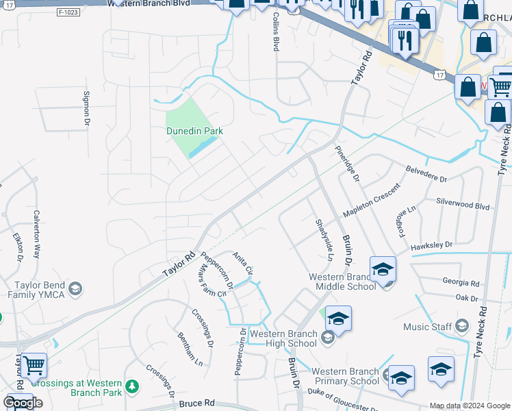 map of restaurants, bars, coffee shops, grocery stores, and more near 3305 Taylor Court in Chesapeake
