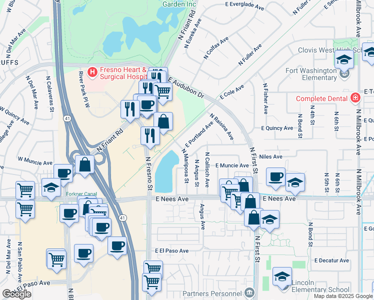 map of restaurants, bars, coffee shops, grocery stores, and more near 8215 North Mariposa Street in Fresno