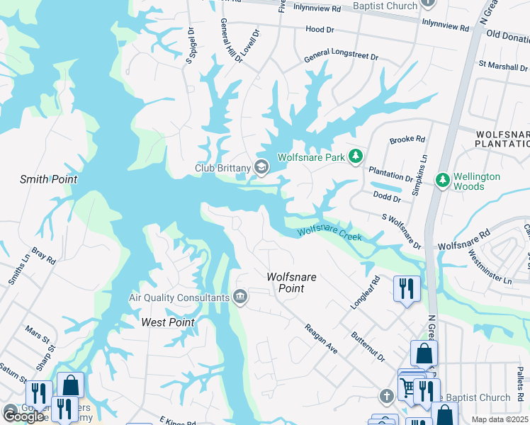 map of restaurants, bars, coffee shops, grocery stores, and more near 2732 Windship Point in Virginia Beach