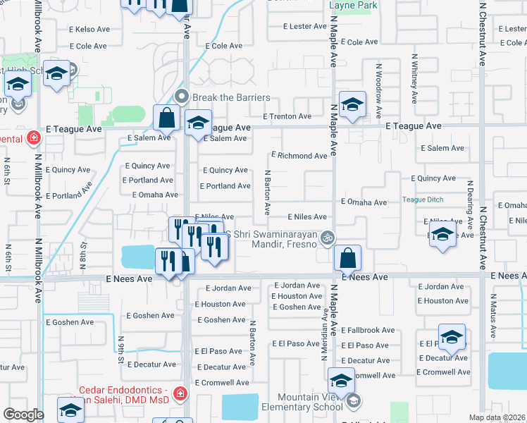 map of restaurants, bars, coffee shops, grocery stores, and more near 8198 North Chance Avenue in Fresno