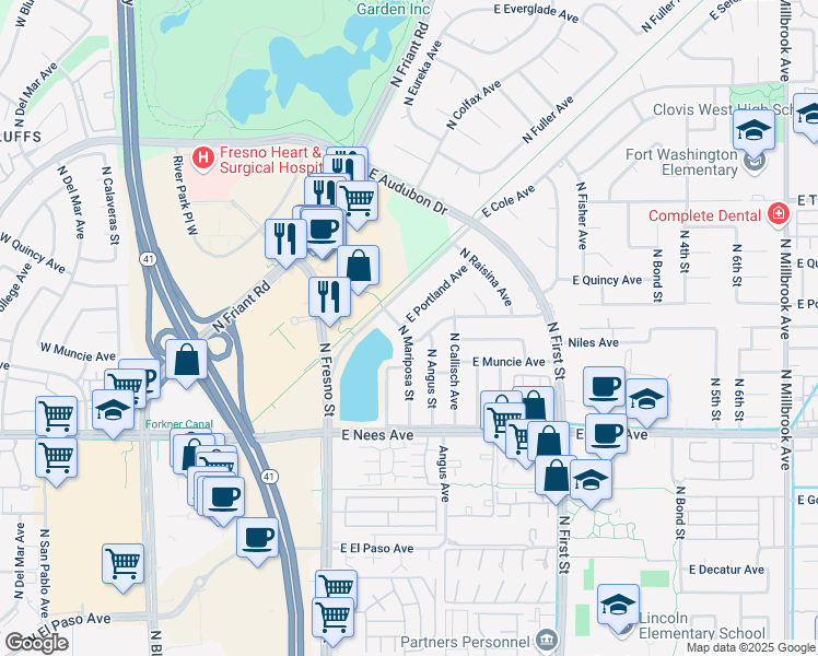 map of restaurants, bars, coffee shops, grocery stores, and more near 8215 North Mariposa Street in Fresno