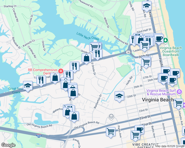 map of restaurants, bars, coffee shops, grocery stores, and more near 932 South Oriole Drive in Virginia Beach