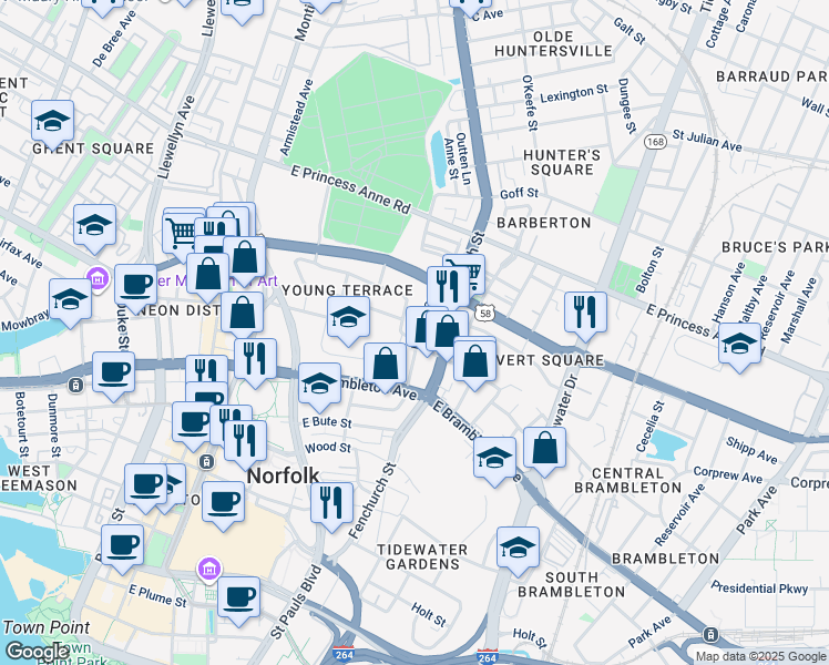 map of restaurants, bars, coffee shops, grocery stores, and more near 777 Lincoln Street in Norfolk