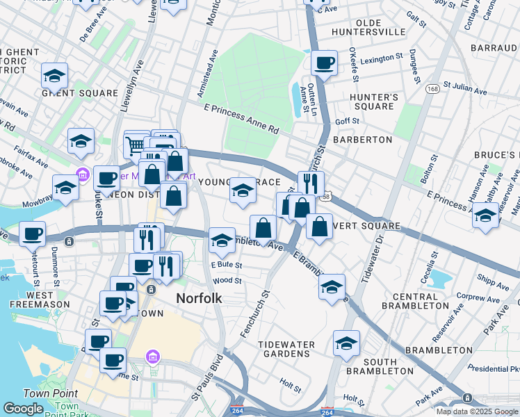 map of restaurants, bars, coffee shops, grocery stores, and more near 545 East Olney Road in Norfolk