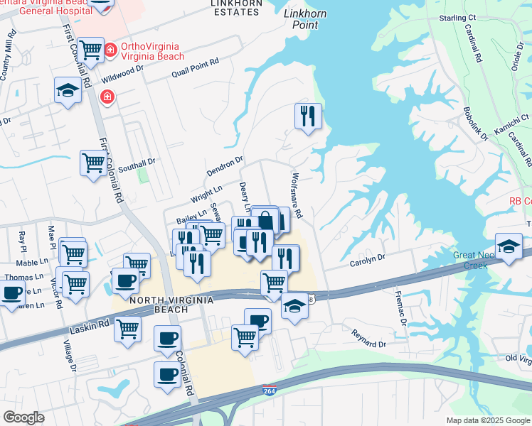 map of restaurants, bars, coffee shops, grocery stores, and more near 1525 Little Horseshoe Drive in Virginia Beach