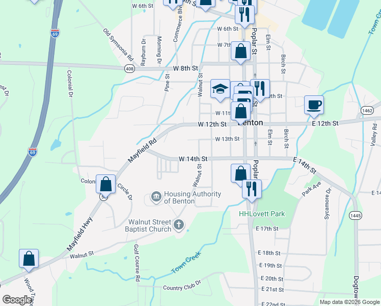 map of restaurants, bars, coffee shops, grocery stores, and more near 364-410 West 14th Street in Benton