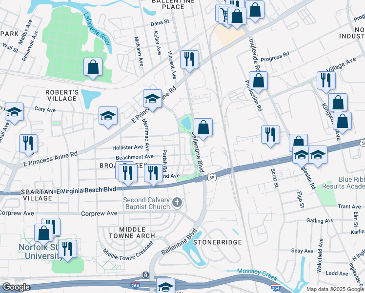 map of restaurants, bars, coffee shops, grocery stores, and more near 1222 Godfrey Avenue in Norfolk