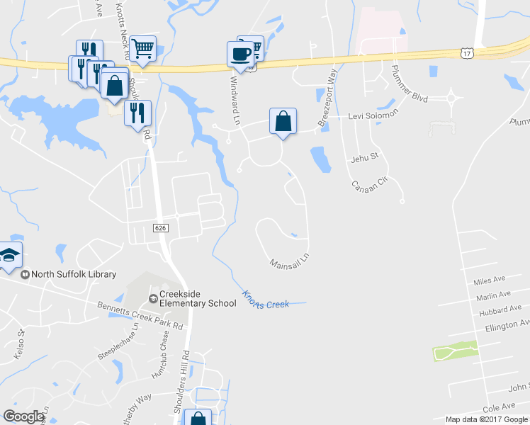 map of restaurants, bars, coffee shops, grocery stores, and more near 6071 Mainsail Lane in Suffolk