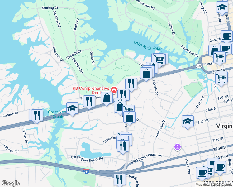 map of restaurants, bars, coffee shops, grocery stores, and more near 1112 Laskin Road in Virginia Beach