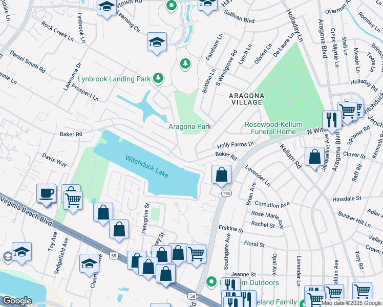 map of restaurants, bars, coffee shops, grocery stores, and more near 559 De Laura Lane in Virginia Beach